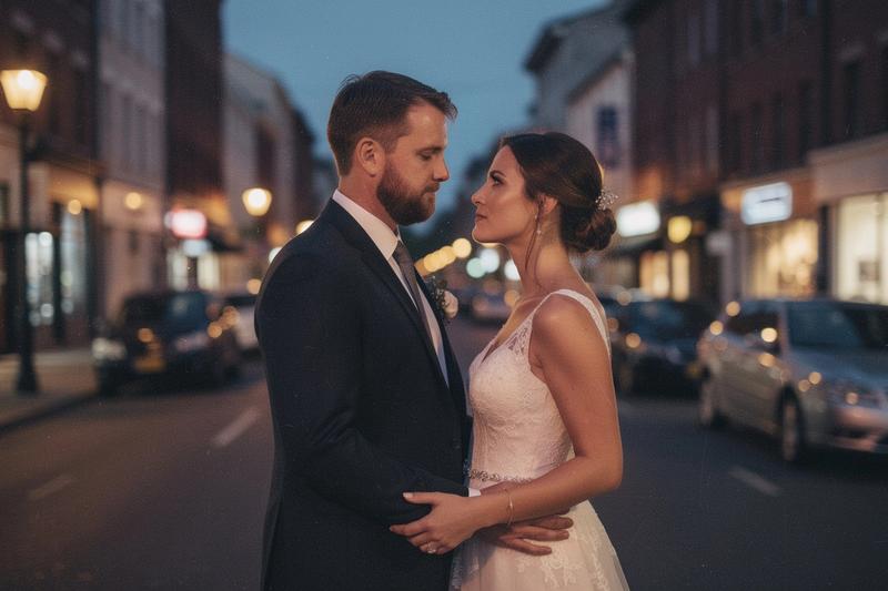 Twilight wedding portraits with warm tones